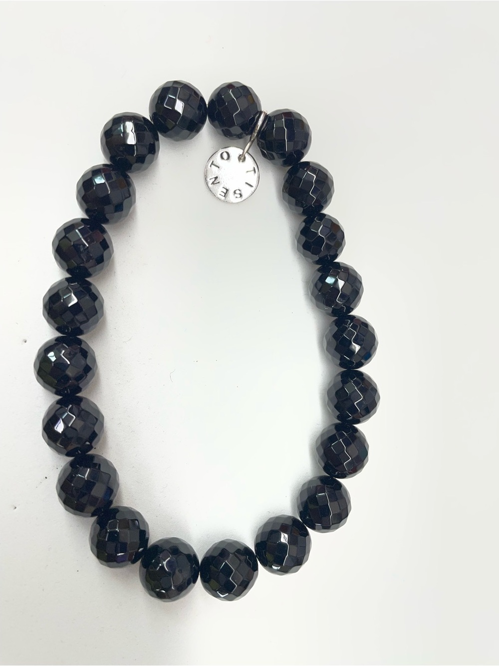 Faceted Black Bead Necklace with Silver Logo Charm